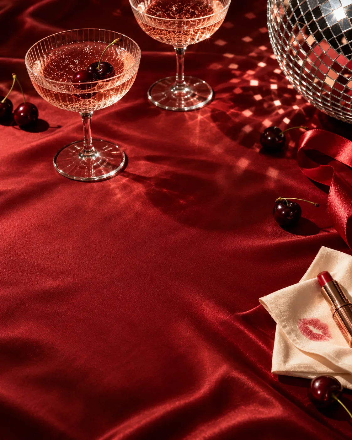Cherry-red satin, sparkling coupe glasses, a silver disco ball and a lipstick-marked napkin set the scene for girls’ night.
